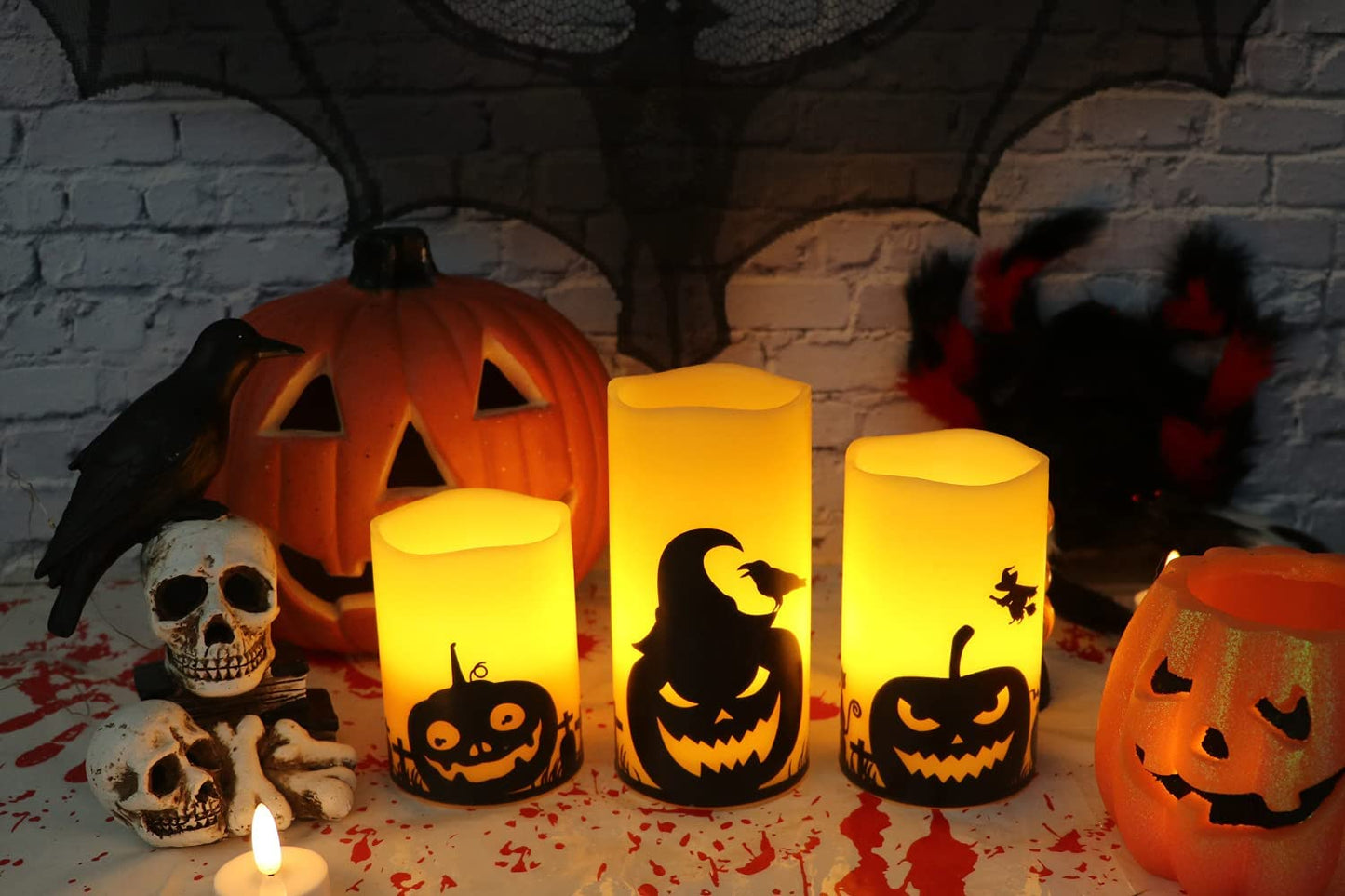 Halloween Flameless Candles, LED Flickering Battery Pillar Candles with 6H Timer and Pumpkin Decals, Spooky Fall Halloween Festival Party Decoration Set of 3 (D 3β X H 4β 5β 6β)