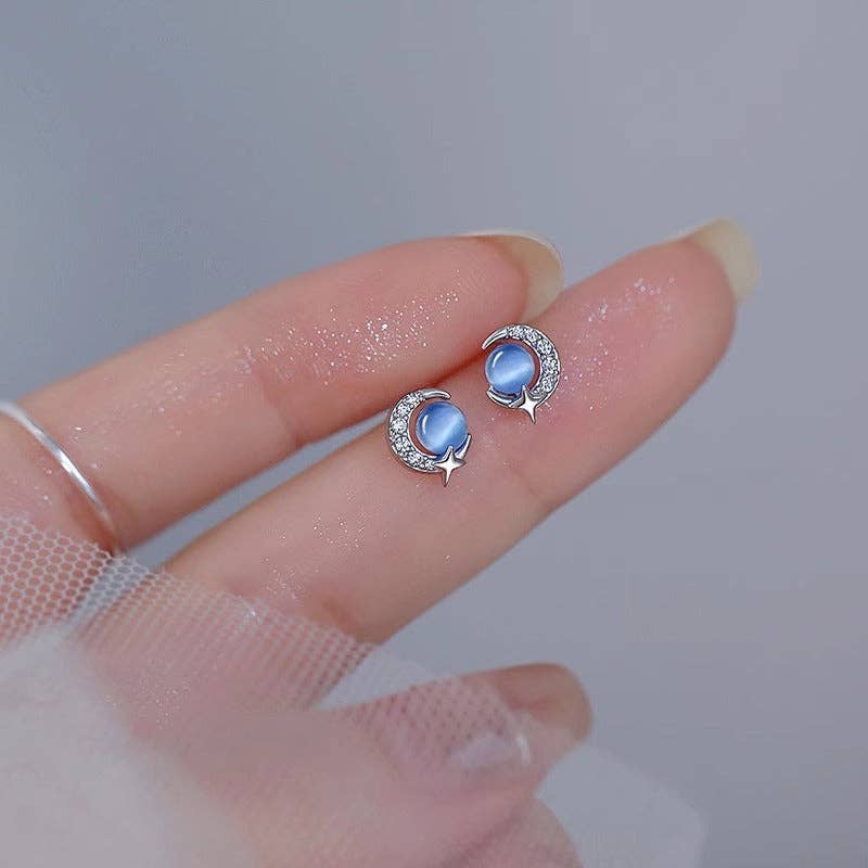 Perimade & Co. LLC - Blue Opal Moon Star Stud Earrings in 925 Sterling Silver