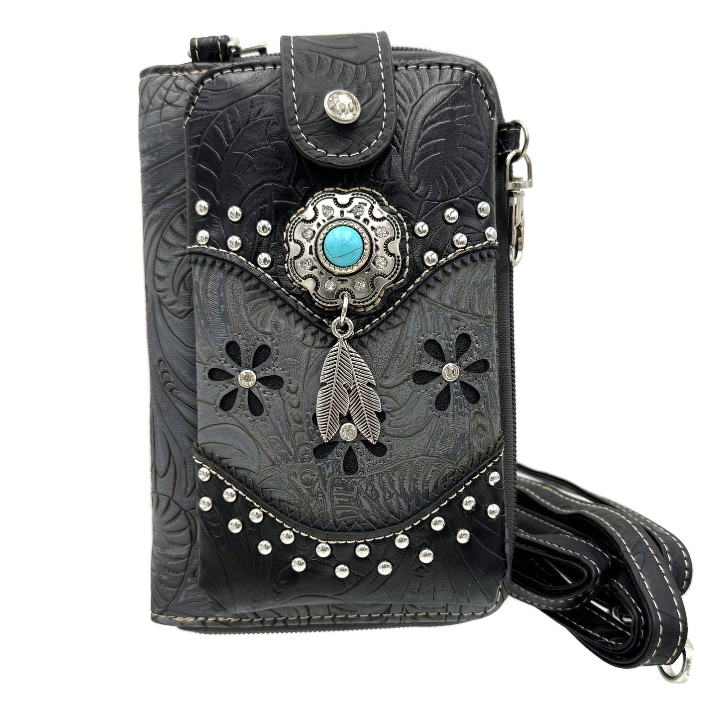 Lunar Deer - Turquoise Stone Feather Tooled Leather Western Phone Wallet