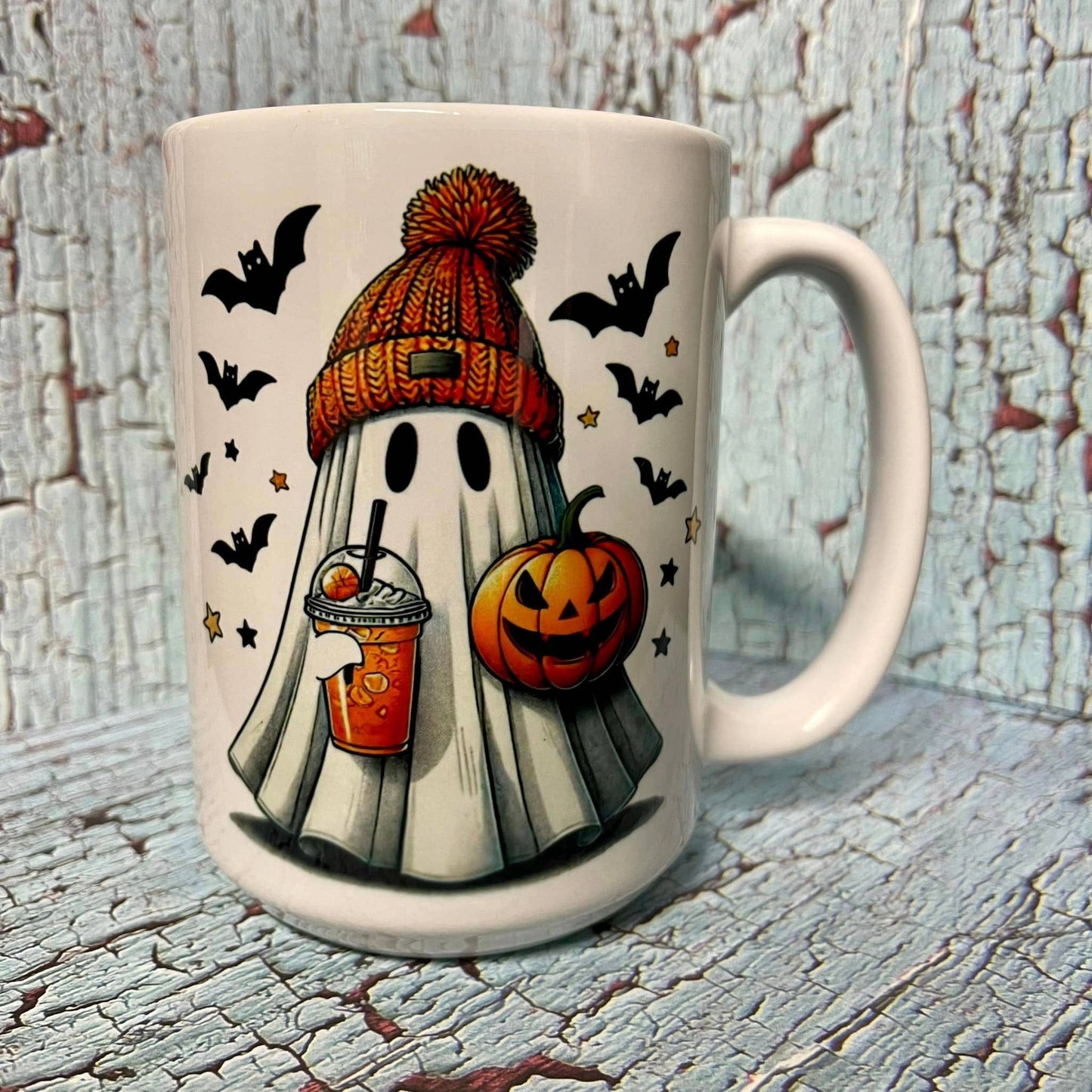 Prairie Chicken Sticker Shop & Gifts - Cute Ghost With Iced Coffee 15oz Coffee Mug