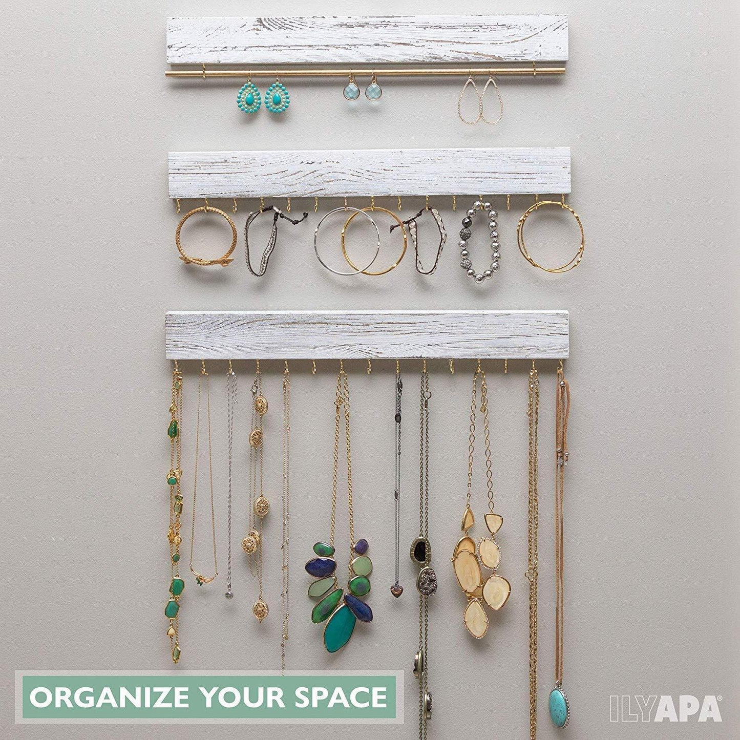 Jewelry Organizer Wall Mount Necklace Hanger White Wood Rustic Earring Rack