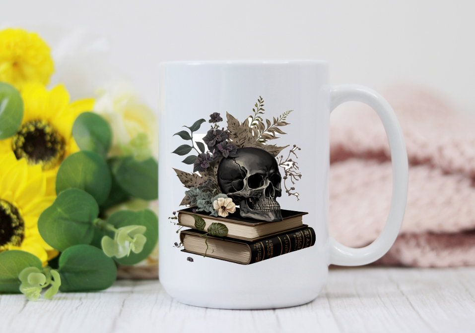 Prairie Chicken Sticker Shop & Gifts - Gothic Skull & Books 15oz Coffee Mug