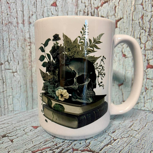 Prairie Chicken Sticker Shop & Gifts - Gothic Skull & Books 15oz Coffee Mug