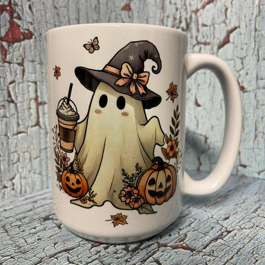 Prairie Chicken Sticker Shop & Gifts - Halloween Ghost Iced Coffee Fall 15oz Coffee Mug