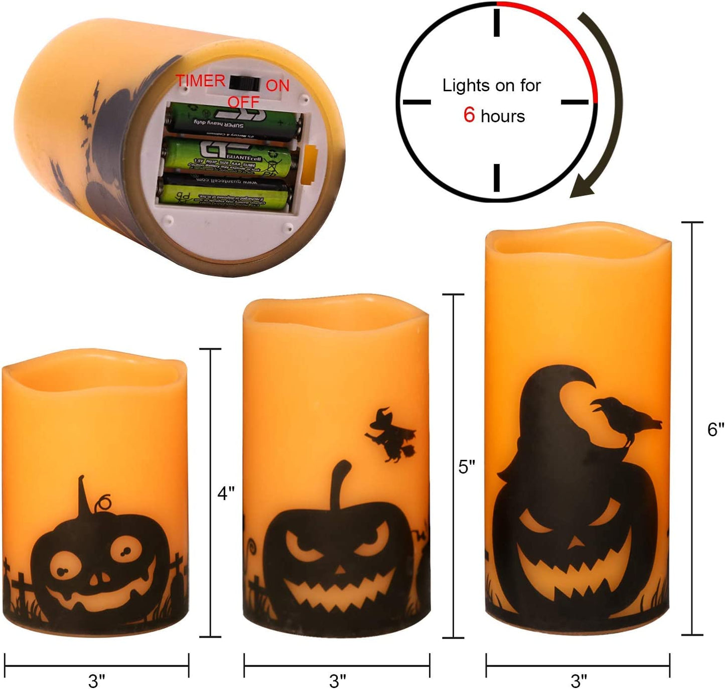 Halloween Flameless Candles, LED Flickering Battery Pillar Candles with 6H Timer and Pumpkin Decals, Spooky Fall Halloween Festival Party Decoration Set of 3 (D 3β X H 4β 5β 6β)