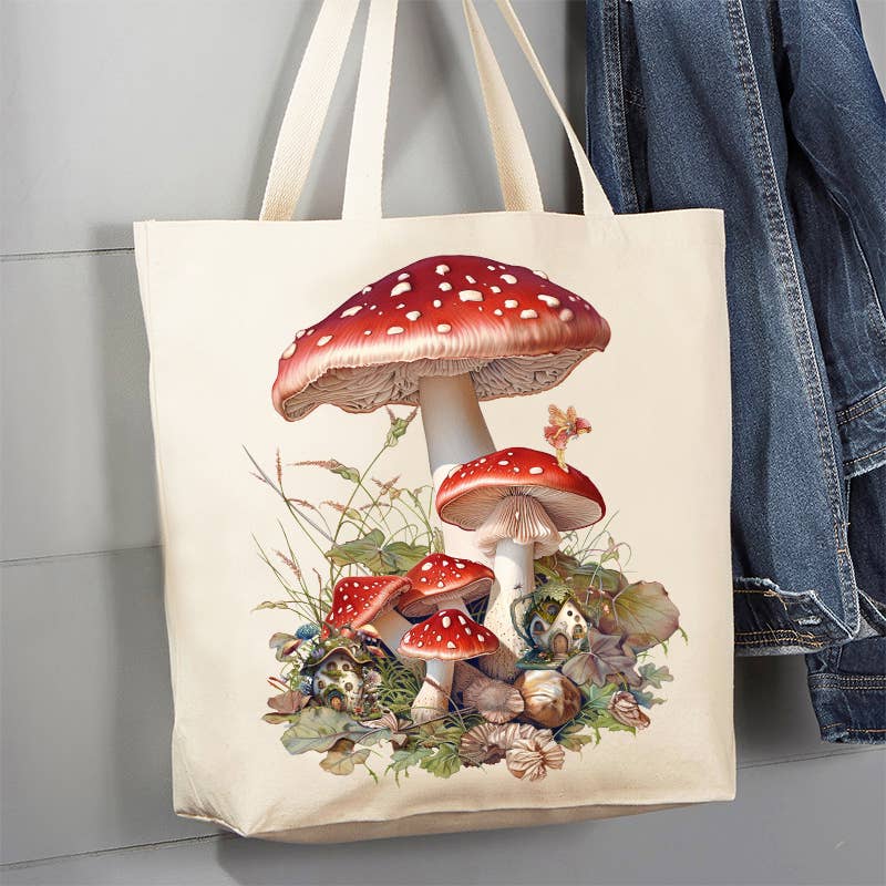 Avery Lane Gifts - Red & White Mushrooms Faires 12 oz Canvas Tote Bag