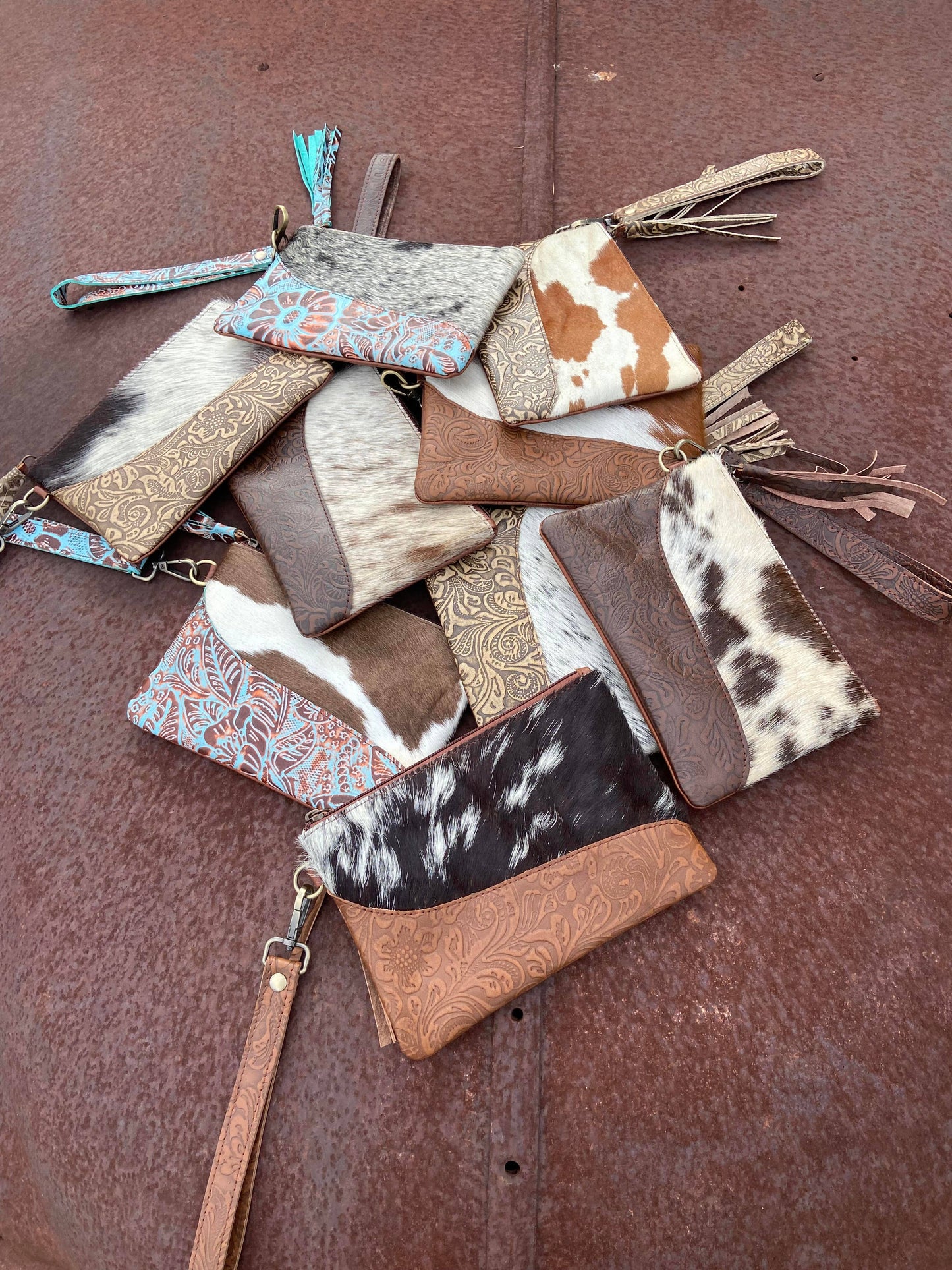 Texas Western Cowhide Bags and More - Embossed Leather Cowhide Wristlet  4 colors