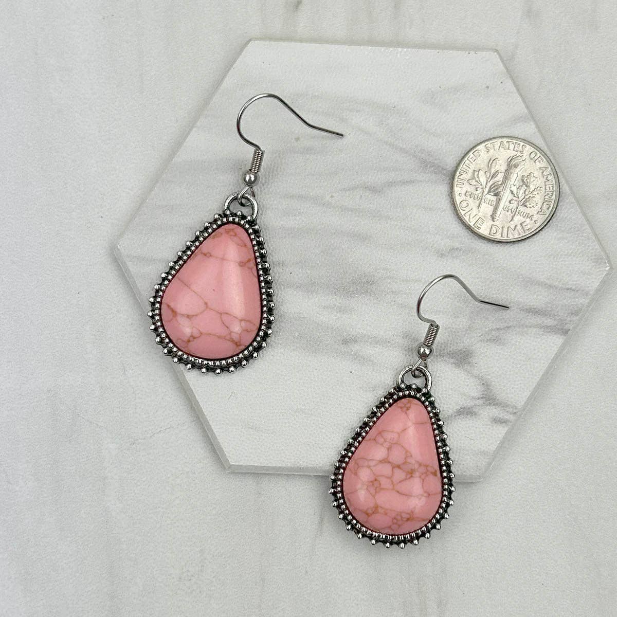 Western Elite Jewelry - ER231217-20                      Silver metal with blue turquoise stone beads teardrop Earrings