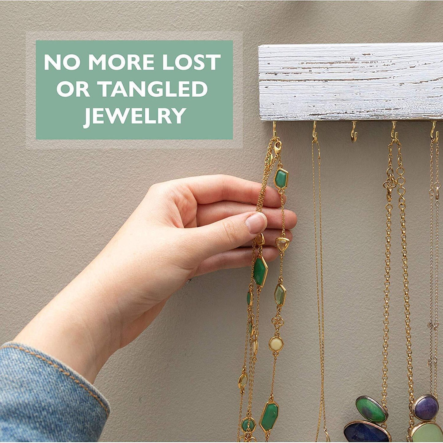 Jewelry Organizer Wall Mount Necklace Hanger White Wood Rustic Earring Rack