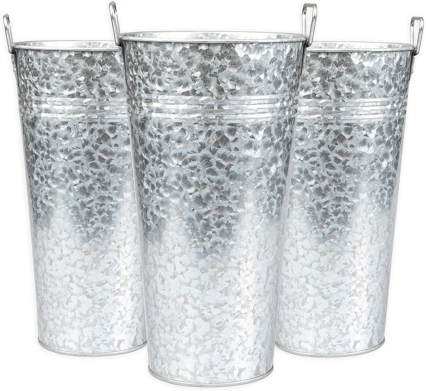 Galvanized Metal Flower Vase 3 Pack - 13" Tall Rustic Farmhouse Bucket Planter Pots