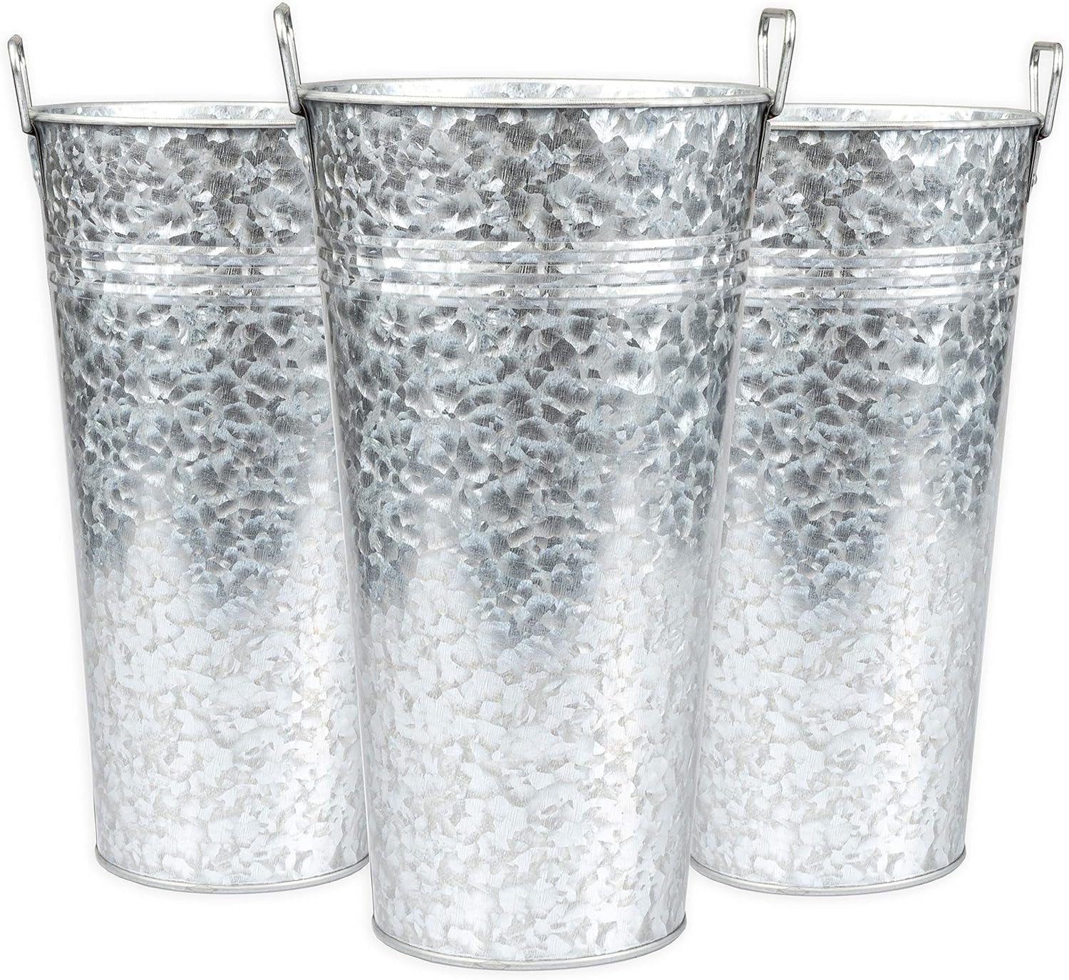 Galvanized Metal Flower Vase 3 Pack - 13" Tall Rustic Farmhouse Bucket Planter Pots