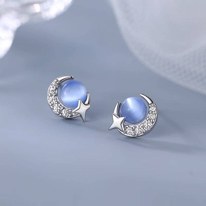 Perimade & Co. LLC - Blue Opal Moon Star Stud Earrings in 925 Sterling Silver