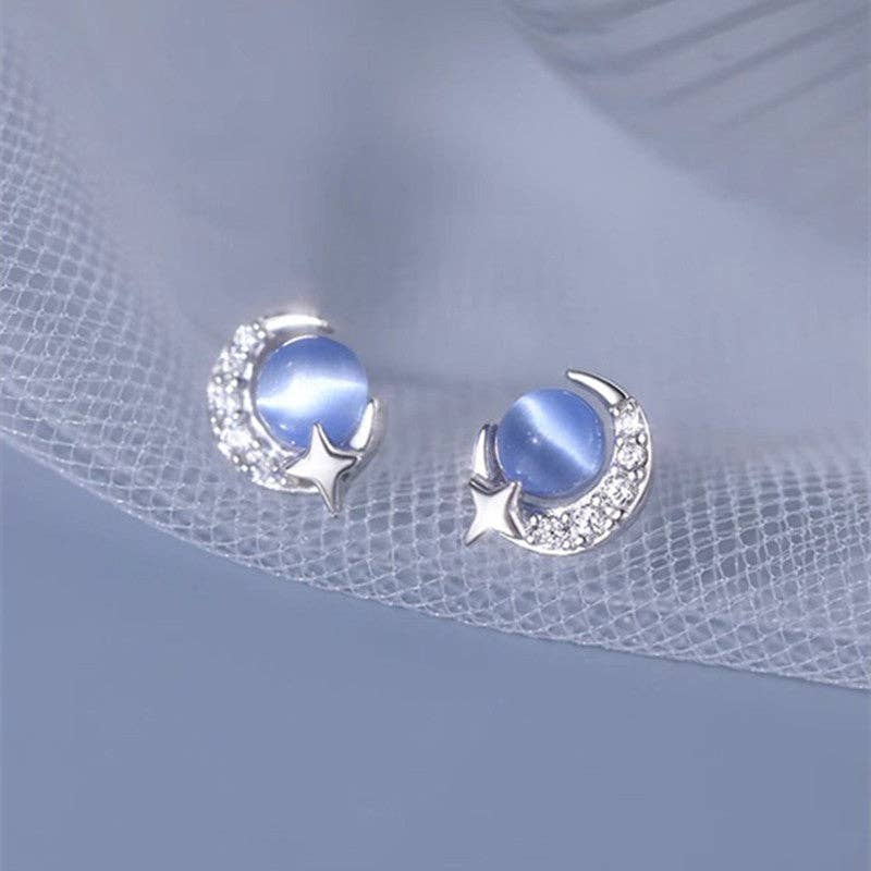 Perimade & Co. LLC - Blue Opal Moon Star Stud Earrings in 925 Sterling Silver