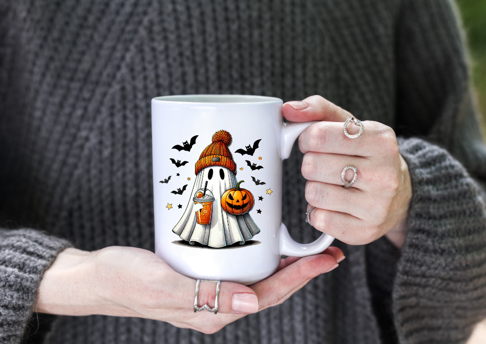Prairie Chicken Sticker Shop & Gifts - Cute Ghost With Iced Coffee 15oz Coffee Mug