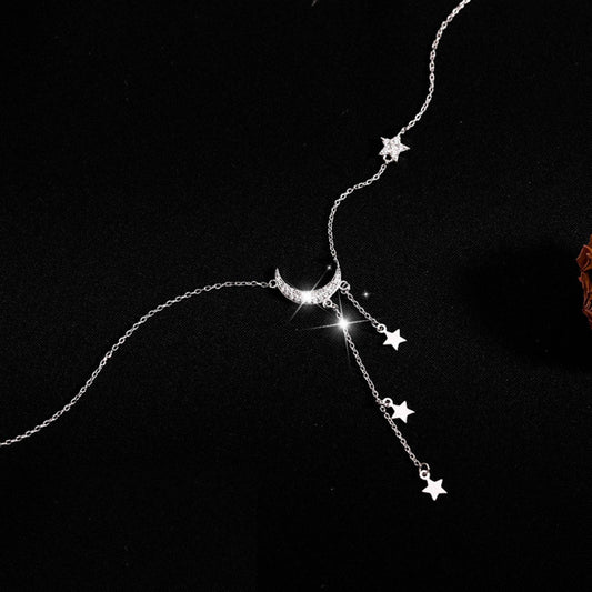 Perimade & Co. LLC - Moon Star Layered Tassel Necklace in 925 Sterling Silver