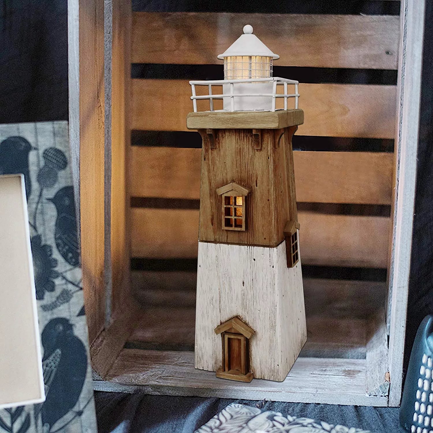 Wooden Lighthouse Decor with Light, Decorative Nautical Lighthouse Rustic Ocean Sea Beach Themed Lighthouse Decoration, Handcrafted Tabletop Nautical Themed Home Decor Bathroom Decor (13.78H)