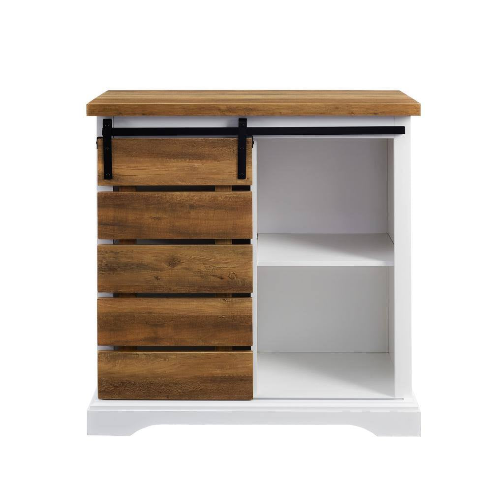 32 In. Solid White/Rustic Oak Rustic Farmhouse Sliding Slat Door Accent Console