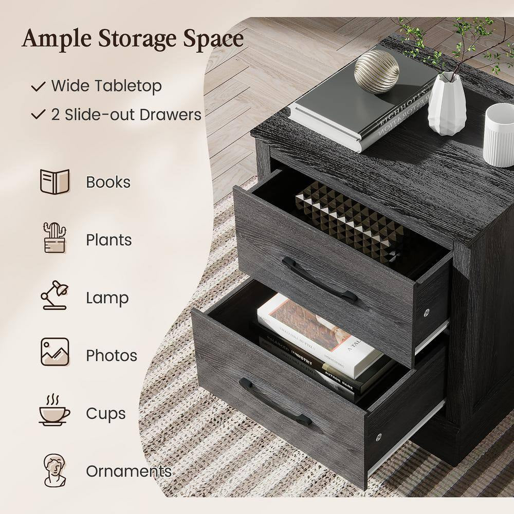 Dark Grey Oak 2-Drawer Nightstand Bedside Table Compact Sofa End Table