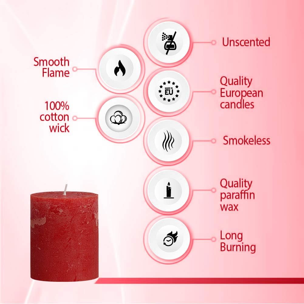 Rustic Red Unscented Pillar Candles - 2.75" X 3.25" Decoration Candles Set of 3 - Clean Burning Dripless Dinner Candles for Wedding & Home Decor Party Restaurant Spa- Aprox (80X68M)