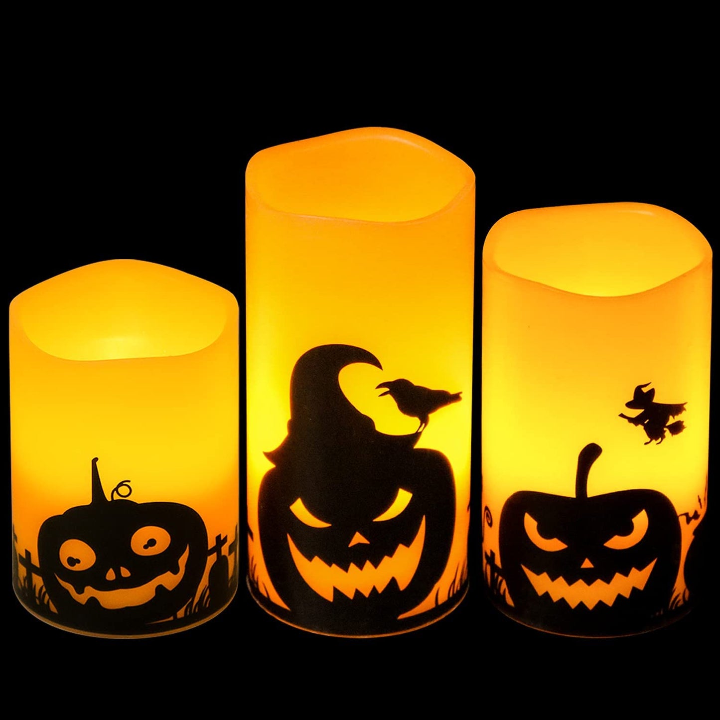 Halloween Flameless Candles, LED Flickering Battery Pillar Candles with 6H Timer and Pumpkin Decals, Spooky Fall Halloween Festival Party Decoration Set of 3 (D 3β X H 4β 5β 6β)