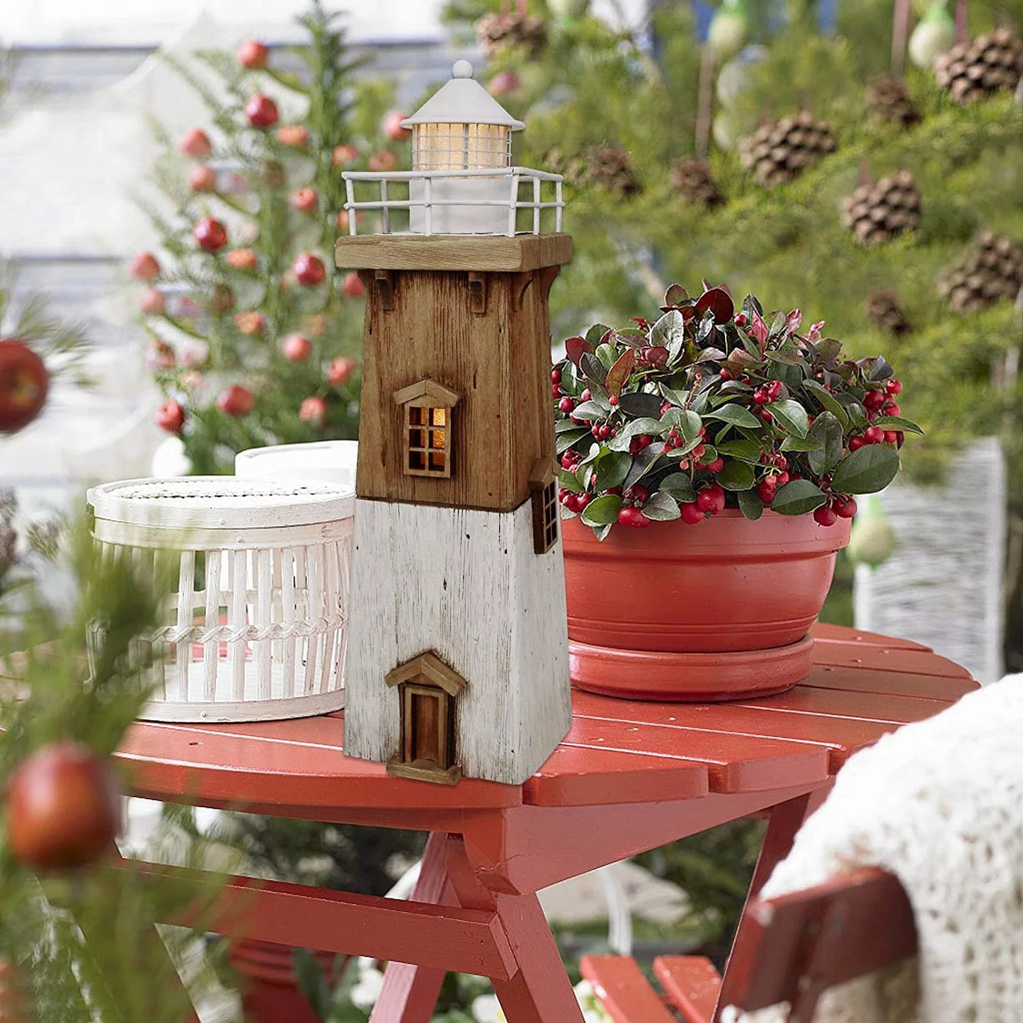 Wooden Lighthouse Decor with Light, Decorative Nautical Lighthouse Rustic Ocean Sea Beach Themed Lighthouse Decoration, Handcrafted Tabletop Nautical Themed Home Decor Bathroom Decor (13.78H)