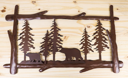 23"L Rustic Forest Black Bear and Cub by Pine Trees Metal Wall Art Sign Plaque