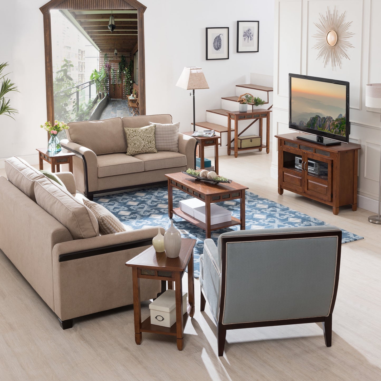 10058 Rustic Slate Tile Coffee Table with Shelf, Rustic Oak