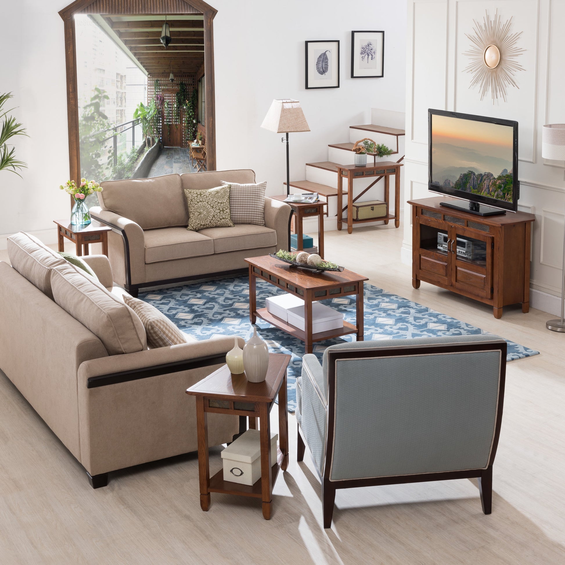 10058 Rustic Slate Tile Coffee Table with Shelf, Rustic Oak