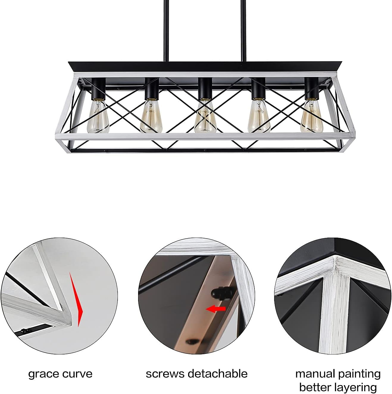 5-Light Pendant Lights Fixture, Farmhouse Chandeliers for Dining Room, Rustic Island Lights for Kitchen, Rectangular Chandelier Rustic Farmhouse Light Fxiture