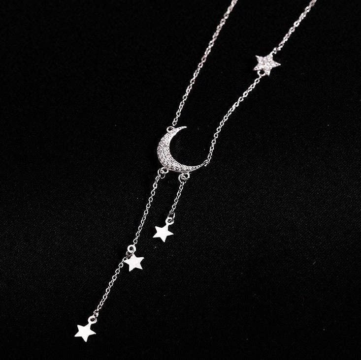 Perimade & Co. LLC - Moon Star Layered Tassel Necklace in 925 Sterling Silver
