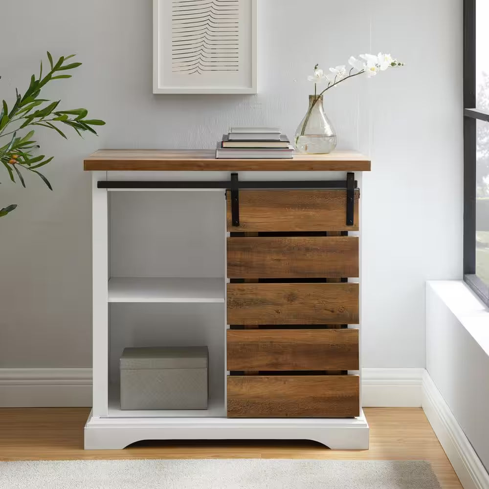 32 In. Solid White/Rustic Oak Rustic Farmhouse Sliding Slat Door Accent Console