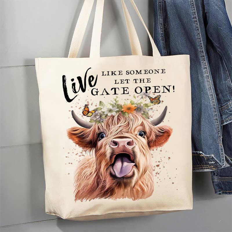 Avery Lane Gifts - Highland Cow Life Life Gate Open Canvas Tote Bag