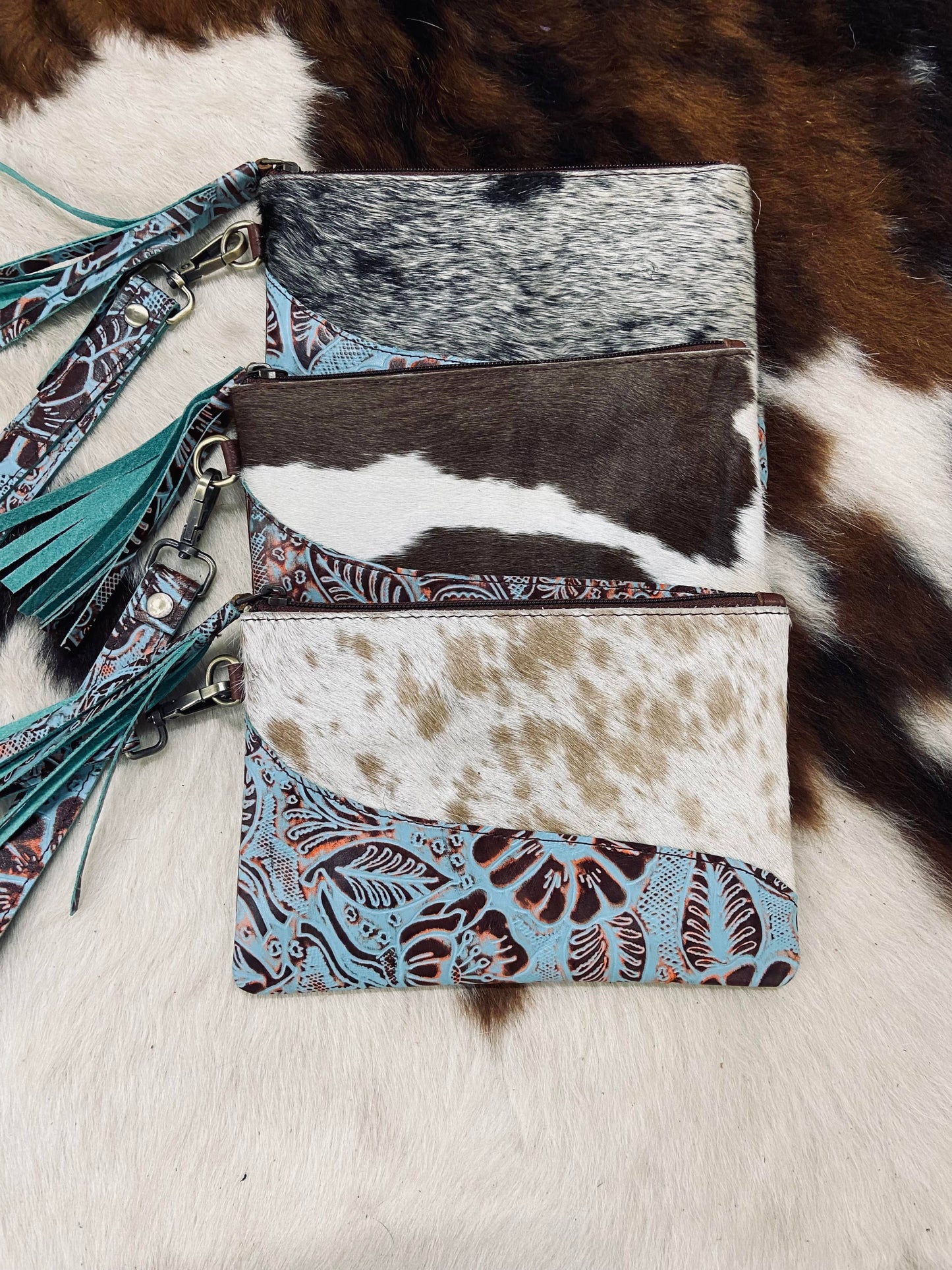 Texas Western Cowhide Bags and More - Embossed Leather Cowhide Wristlet  4 colors