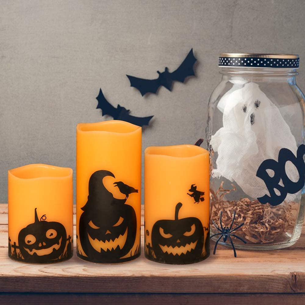 Halloween Flameless Candles, LED Flickering Battery Pillar Candles with 6H Timer and Pumpkin Decals, Spooky Fall Halloween Festival Party Decoration Set of 3 (D 3β X H 4β 5β 6β)