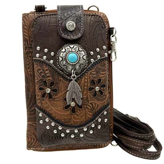 Lunar Deer - Turquoise Stone Feather Tooled Leather Western Phone Wallet