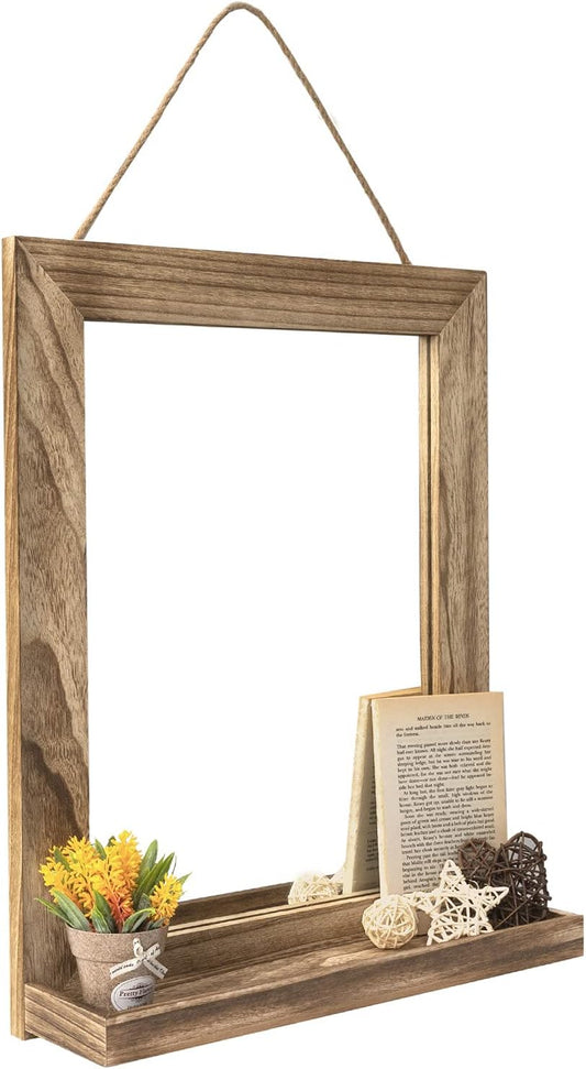 Wall Mirror with Shelf, 20 X 16 Inch Farmhouse Decor Wall Mirror Hanging for Bathroom, Vanity, Bedroom, Entryway, Living Room (Rustic Brown)