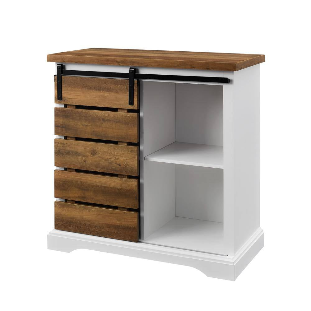 32 In. Solid White/Rustic Oak Rustic Farmhouse Sliding Slat Door Accent Console