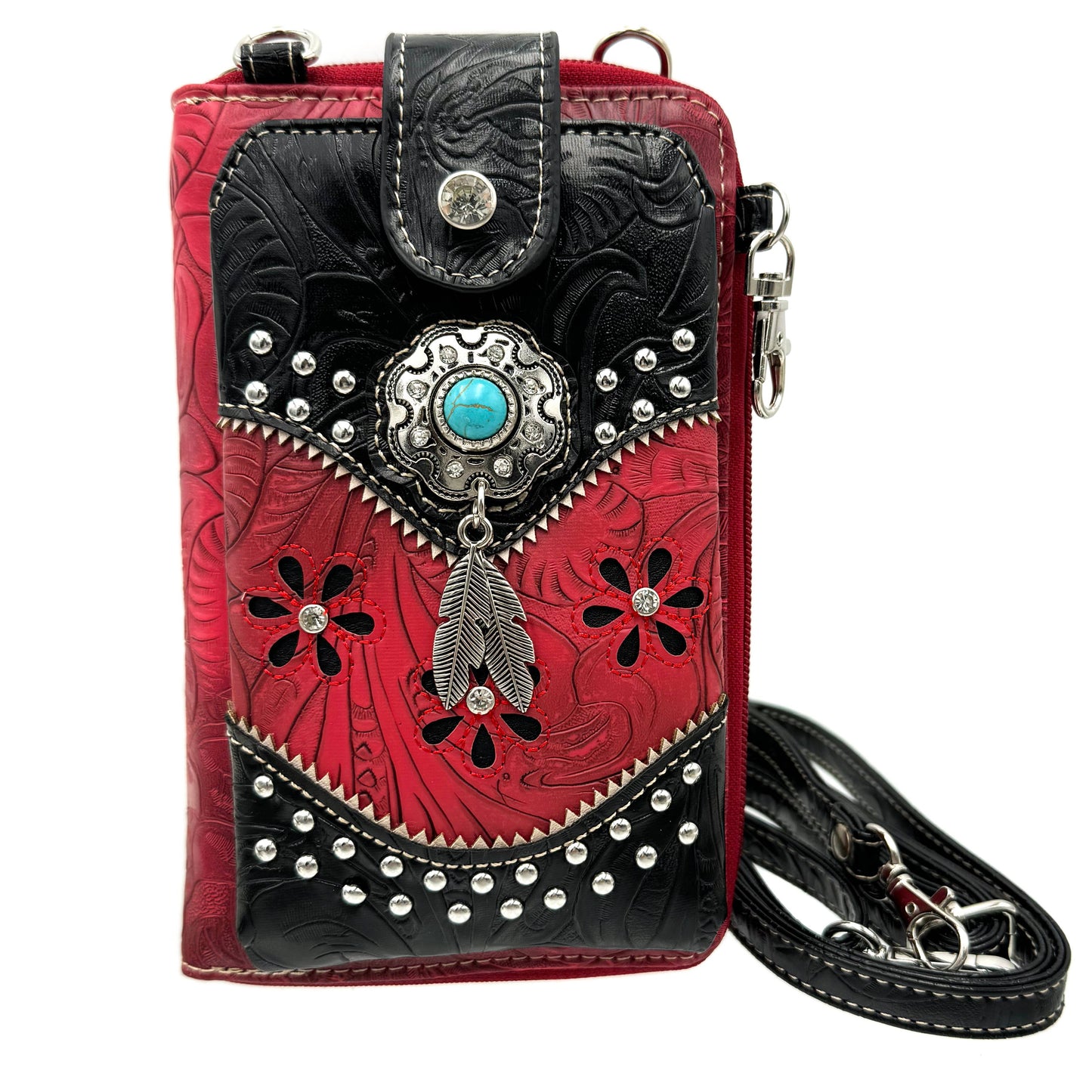Lunar Deer - Turquoise Stone Feather Tooled Leather Western Phone Wallet
