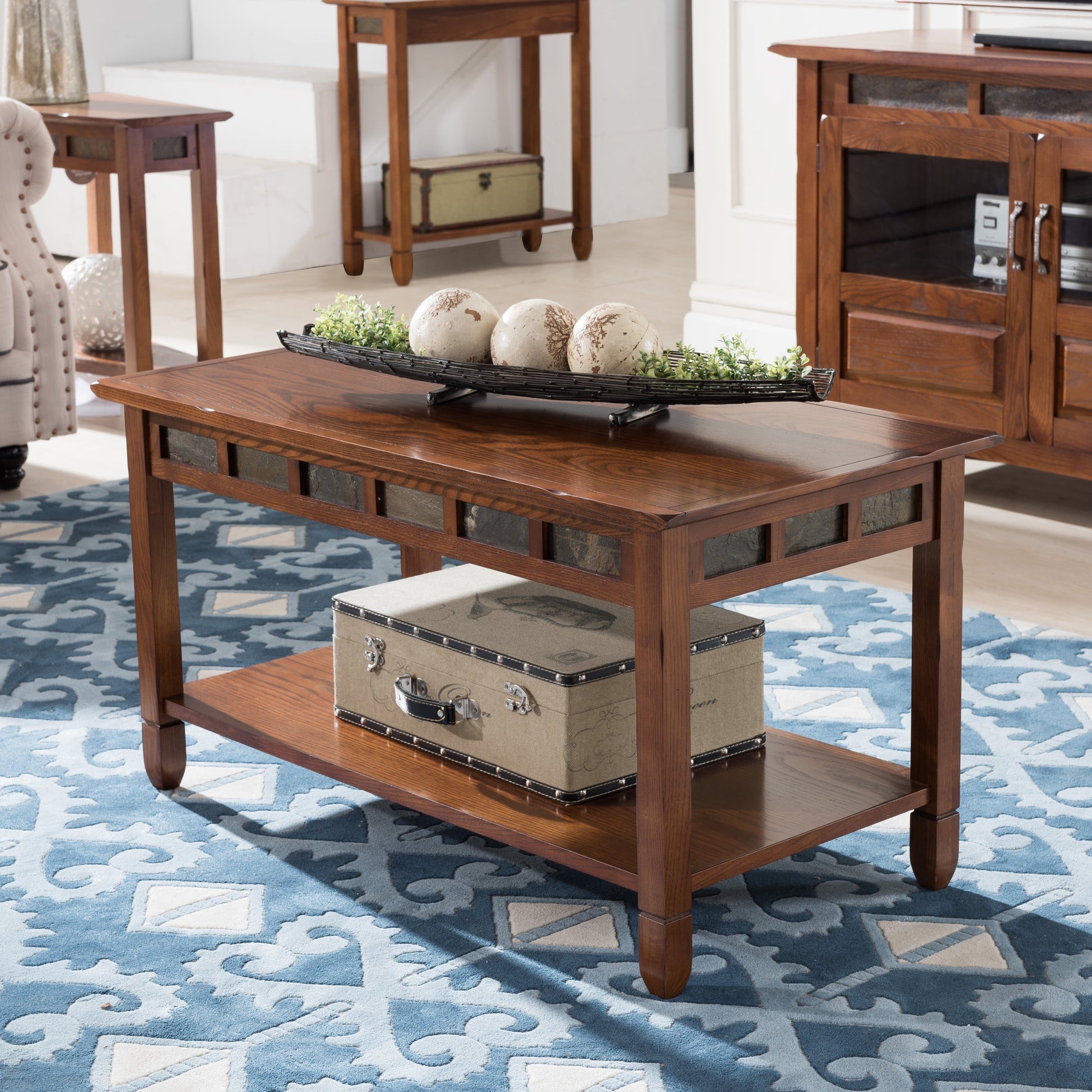 10058 Rustic Slate Tile Coffee Table with Shelf, Rustic Oak