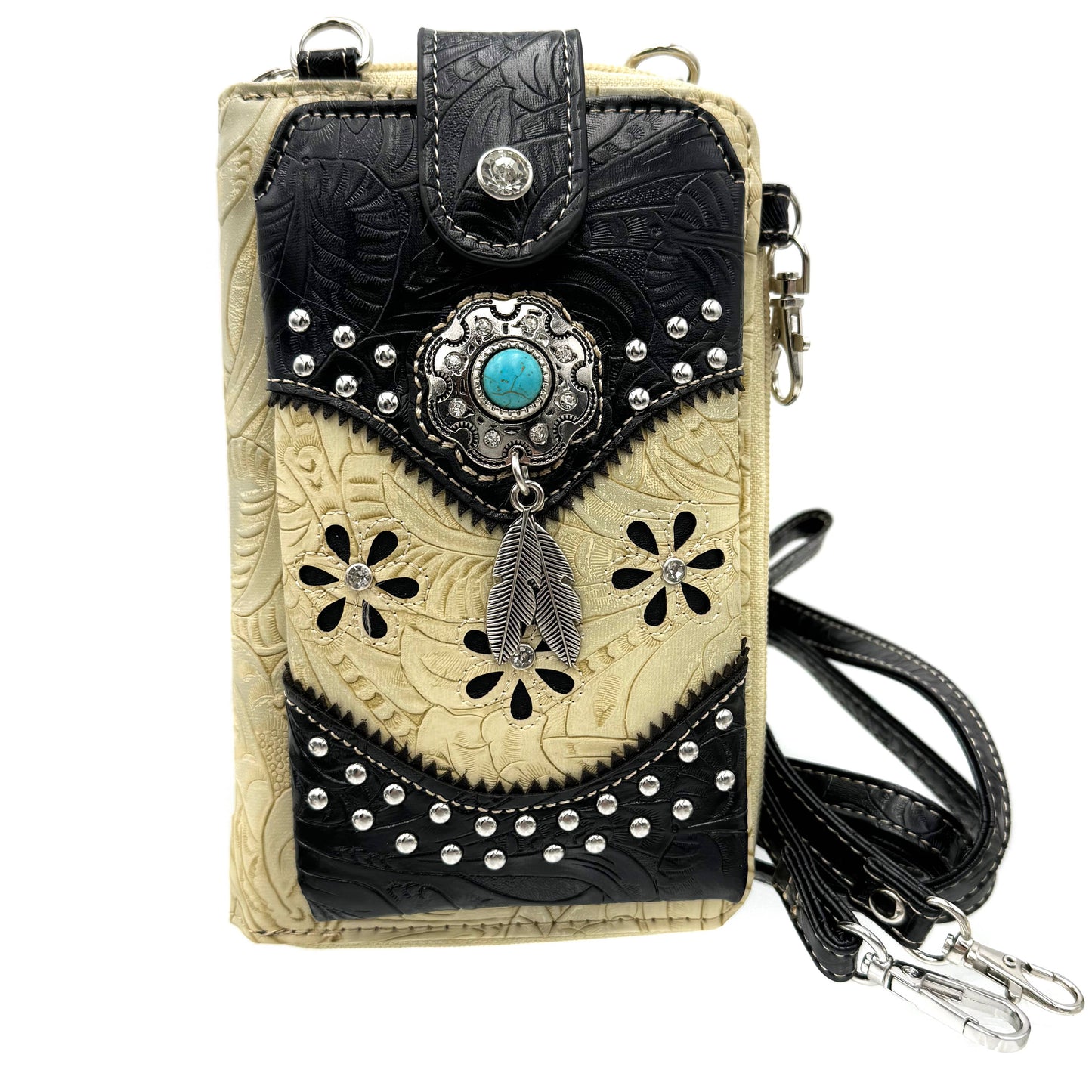 Lunar Deer - Turquoise Stone Feather Tooled Leather Western Phone Wallet