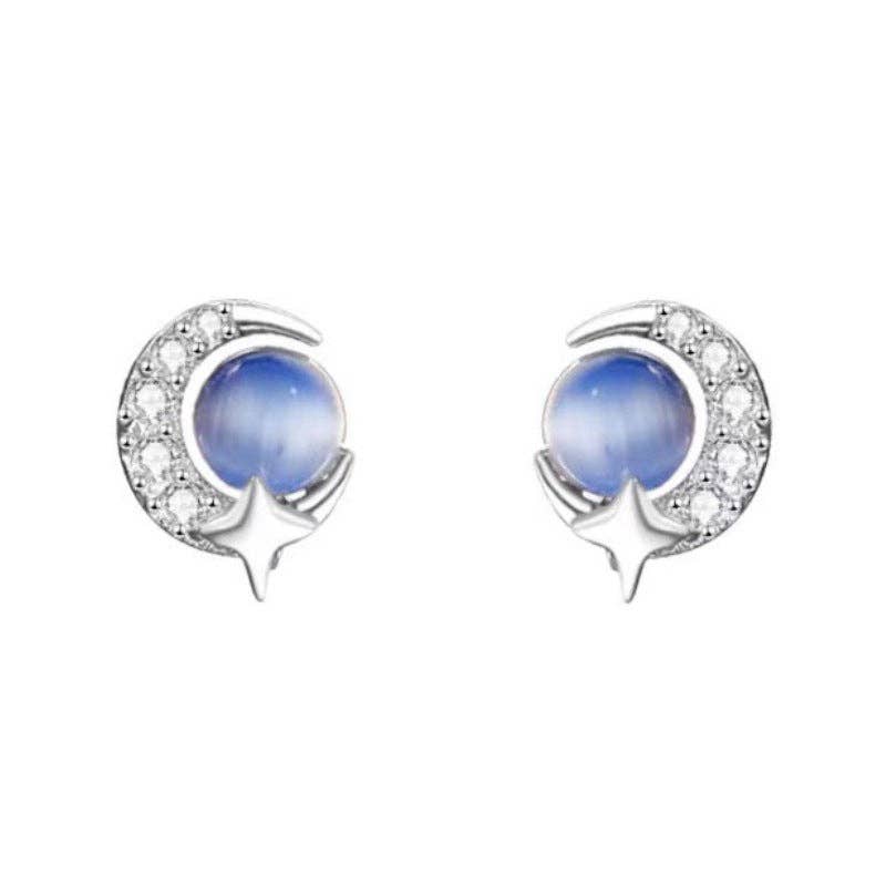 Perimade & Co. LLC - Blue Opal Moon Star Stud Earrings in 925 Sterling Silver