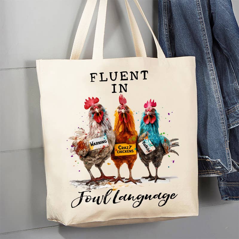 Avery Lane Gifts - Fluent in Fowl Language Funny Saying 12 oz Canvas Tote Bag