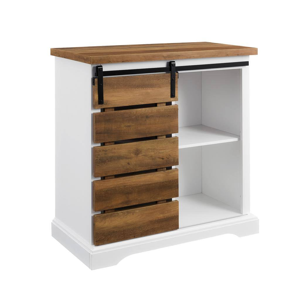 32 In. Solid White/Rustic Oak Rustic Farmhouse Sliding Slat Door Accent Console