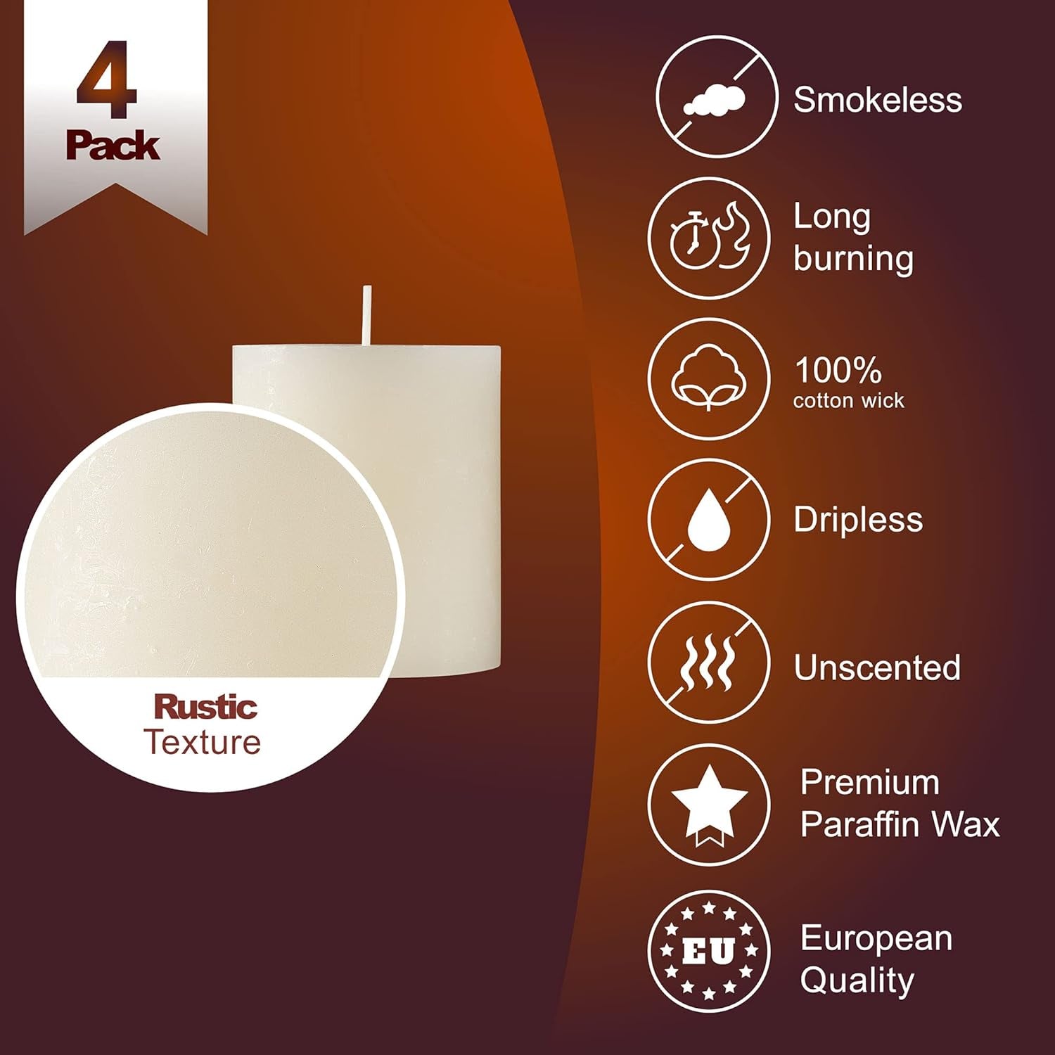 SPAAS Rustic Ivory Pillar Candles - 2.7" X 3" Decorative Candles Set of 4 - Clean Burning and Dripless Unscented Rustic Pillar Candles for Home Decorations, Wedding Decor, Party, Spa Restaurant