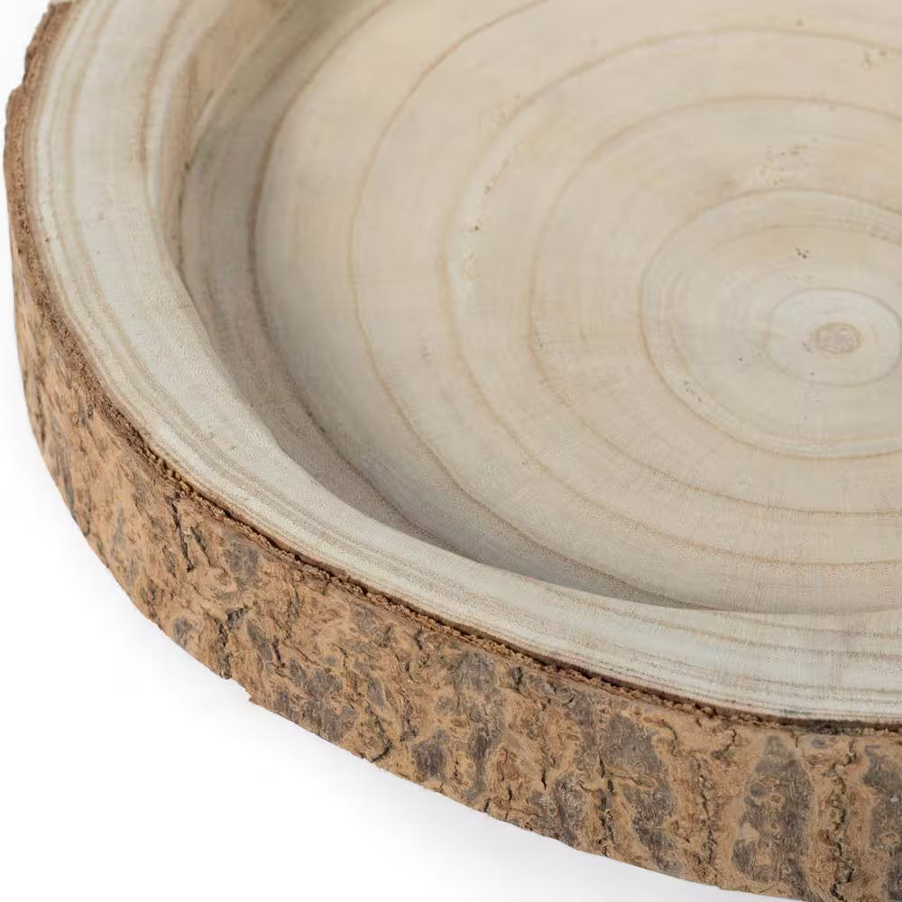 12 Dia In. Beige/ Cream Wood Tree Bark Indented Display Tray Serving Plate Platter Charger