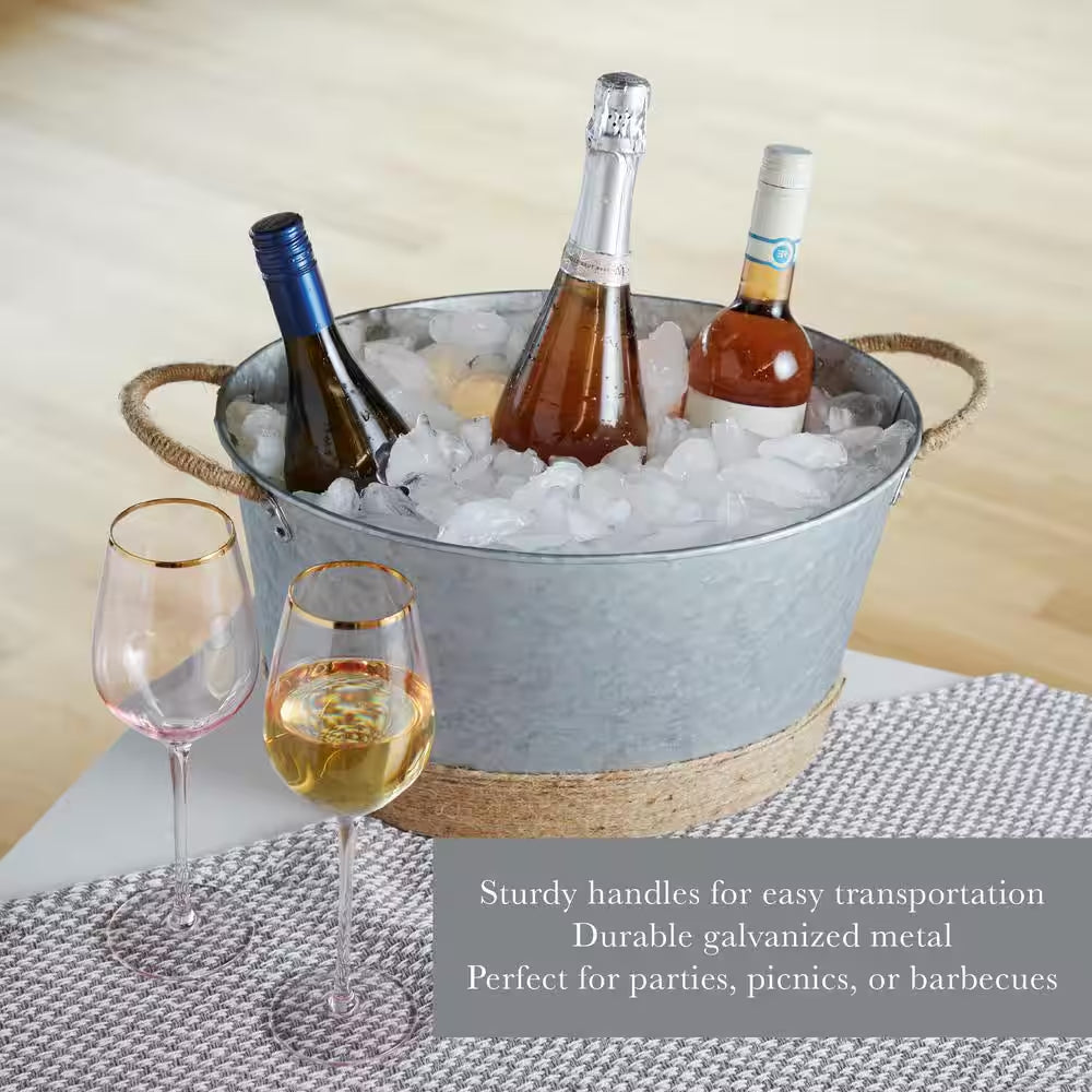 4.5 Gal. Seaside Jute Rope Wrapped Farmhouse Galvanized Ice Metal Beverage Tub, Wine, Beer Bottle Bucket