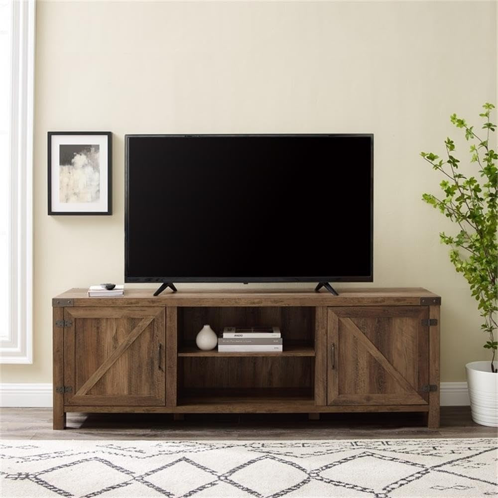 70" Farmhouse Barn Door Rustic Wood TV Stand Console with Storage in Rustic Oak