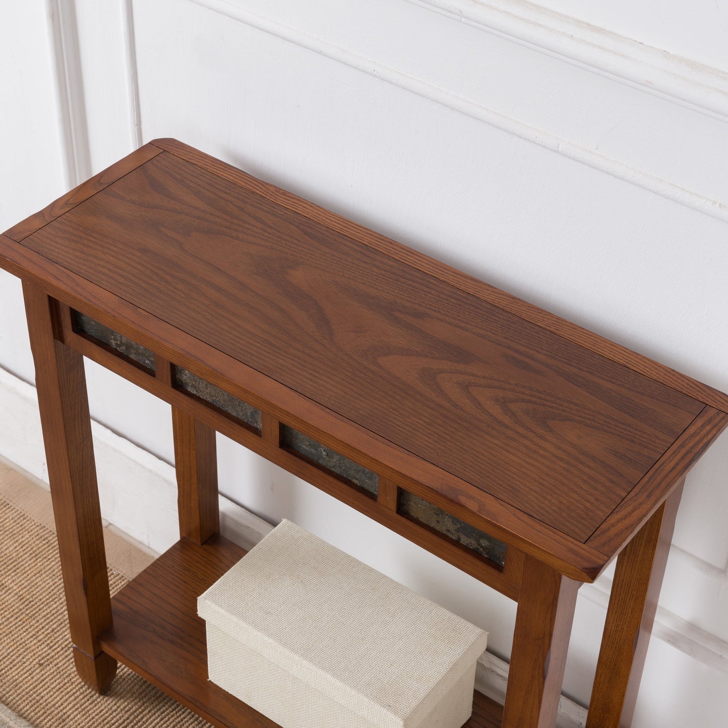 10059 Rustic Slate Tile Hall Console Sofa Table with Shelf, Rustic Oak