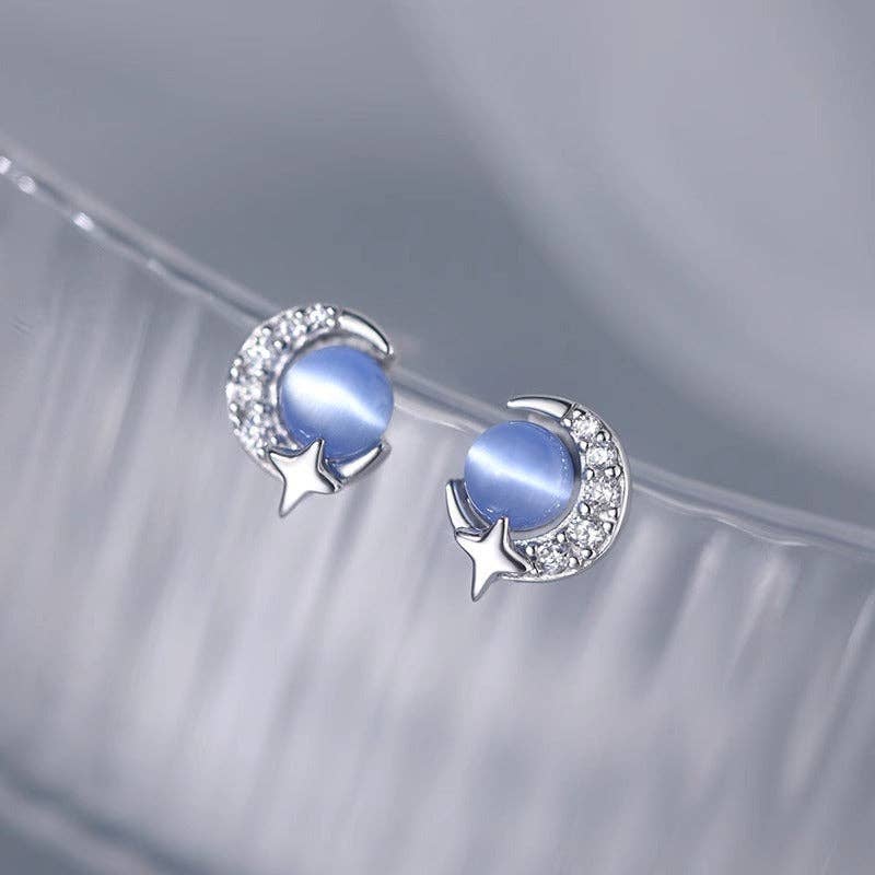 Perimade & Co. LLC - Blue Opal Moon Star Stud Earrings in 925 Sterling Silver
