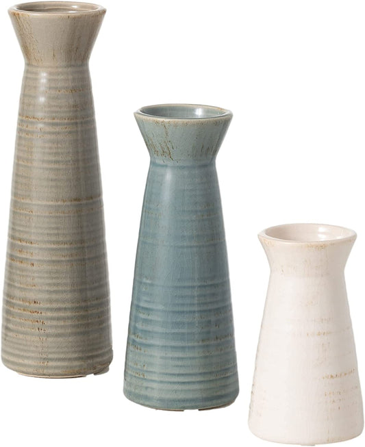 Ceramic Vase Set- 3 Small Vases, Rustic Home Décor, Modern Farmhouse, Ideal Shelf Décor, Table Décor, Bookshelf, Mantle, Entryway- Multi-Color (CM2968)